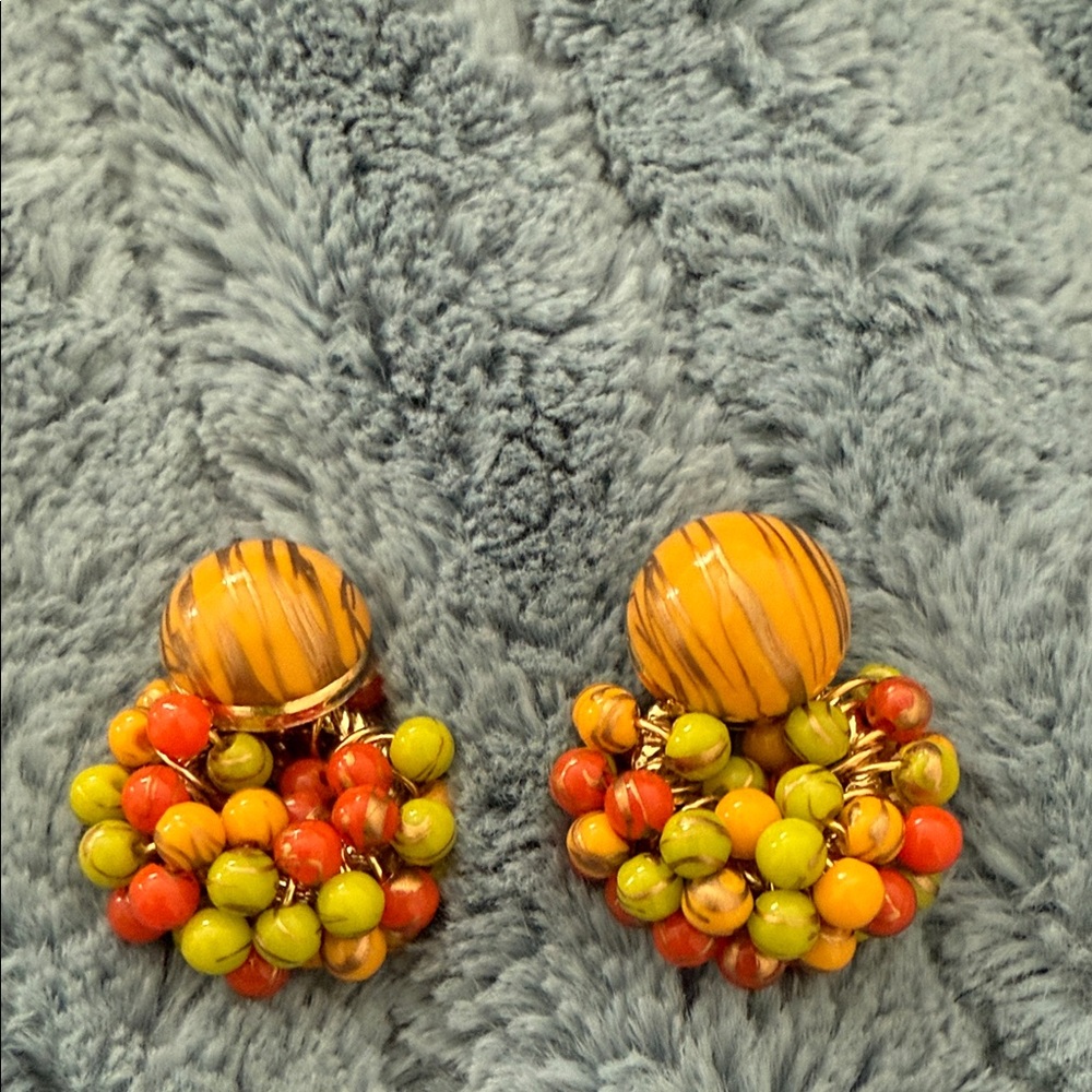 Orange green yellow gold beaded clip on earrings